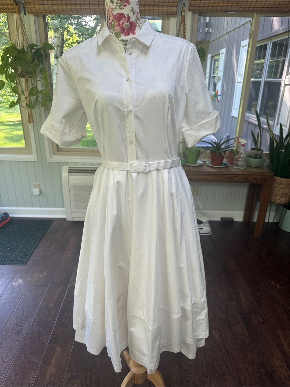CO Essentials 100% Cotton White Short Sleeved Flare Midi Dress with Pockets, Lg